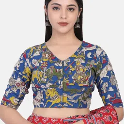 THE WEAVE TRAVELLER Women Blue & Yellow Kalamkari Block Printed Cotton Saree Blouse image 1