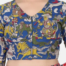 THE WEAVE TRAVELLER Women Blue & Yellow Kalamkari Block Printed Cotton Saree Blouse image 2