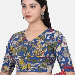 THE WEAVE TRAVELLER Women Blue & Yellow Kalamkari Block Printed Cotton Saree Blouse image 3