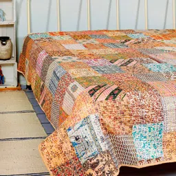 HANDICRAFT PALACE White & Peach Printed Kantha Patchwork Silk Double Size Bed Cover-picture-25