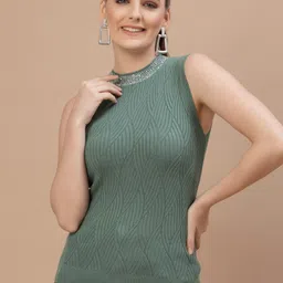 Mafadeny Women Green Cable Knit Sweater Vest with Embellished Detail-image-64