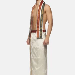 Sethukrishna Men Cream-Coloured Solid Dhoti With Angavastram image 3