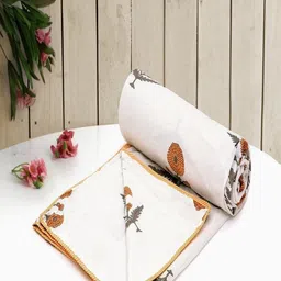 CHICERY White & Orange Floral AC Room Cotton 210 GSM Single Bed Dohar-image-56