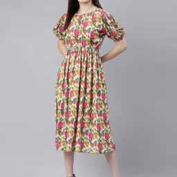 Indibelle Pink & Green Tropical Puff Sleeves Midi Dress-picture-22