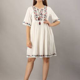 Sangria White Floral Embroidered Tie-Up Neck Empire Dress-picture-0