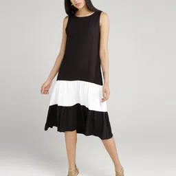 IDK Women Black & White Colourblocked Drop Waist Dress-image-77