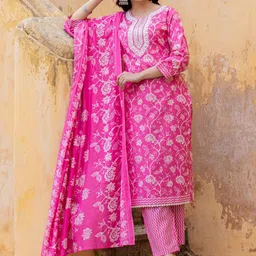 Varanga Floral Printed Regular Thread Work Kurta with Trouser & Dupatta image 5