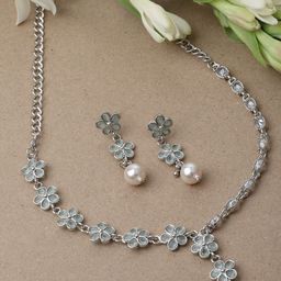 ZENEME Rhodium-Plated American Diamond And Pearl  Studded Floral Jewellery Set-picture-40