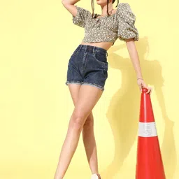 Moda Rapido Women Navy Blue Washed Regular Fit High-Rise Distressed Frayed Denim Shorts image 1