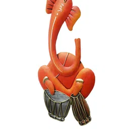 eCraftIndia Orange-Coloured & Black Handcrafted Musician Lord Ganesha Playing Dholak Wall Hanging Showpiece image 3