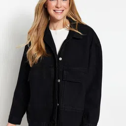 Trendyol Spread Collar Oversized Pockets Cotton Denim Jacket-picture-19