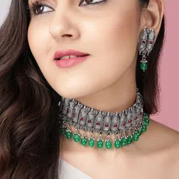 Rubans Oxidized Silver Plated Ruby and Green Beaded Choker Necklace Set image 1