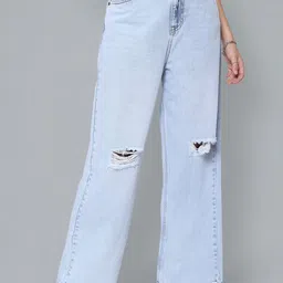 Flying Machine Women Wide Leg High-Rise Slash Knee Heavy Fade Jeans-image-32