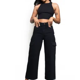FREAKINS Women Wide Leg High-Rise Mildly Distressed Cotton Jeans-image-1