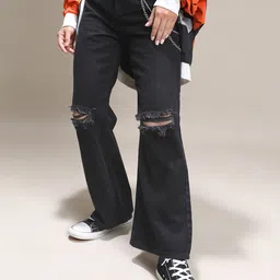 Tokyo Talkies Women Wide Leg Mildly Distressed Cotton Baggy Jeans-image-10