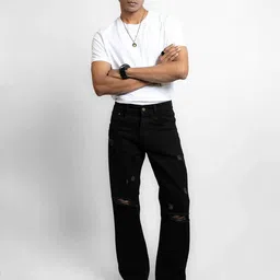 FIBONACCI Men Cotton Mid-Rise Mildly Distressed Baggy Jeans image 2