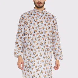 Maharaja Floral Printed Linen Cotton Mandarin Collar Straight Kurta-image-0