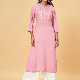 YU by Pantaloons Floral Yoke Design Thread Work Straight Kurta image 1