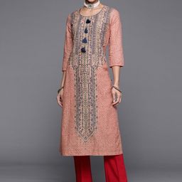 Biba Women Peach-Coloured & Blue Ethnic Motif Printed Kurta-picture-32