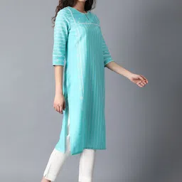 W Women Green & White Striped Thread Work Kurta image 3