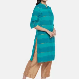 RANGMANCH BY PANTALOONS Women Teal Blue & Sea Green Striped Cotton Straight Kurta image 3