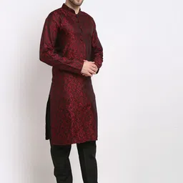 Jompers Men Maroon & Black Ethnic Motifs Jacquard Kurta image 4