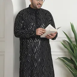 SOJANYA PLUS Geometric Embroidered Sequinned Mandarin Collar Cotton Straight Kurta image 5