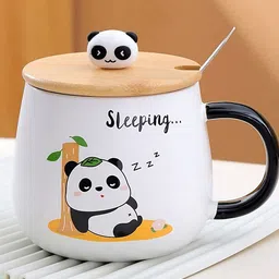 BonZeaL White & Beige Printed Ceramic Glossy Mug With Lid And Spoon 430 ml-picture-31