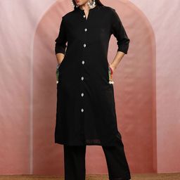 Vishudh Black Mandarin Collar Pure Cotton Tunic With Trousers-picture-1