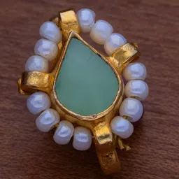 MORKANTH JEWELLERY Gold-Plated White & Sea Green Kundan Studded & Pearls Beaded Nose Pin-image-0