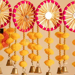 BS AMOR Yellow & Pink Pack Of 4 Artificial Flowers Hanging Latkan With Bells image 3