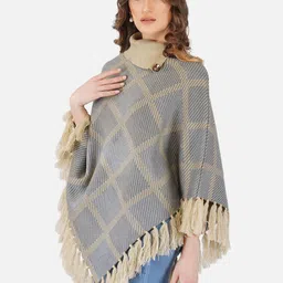 JoE Hazel Women Beige & Grey Checked Poncho image 5
