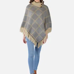 JoE Hazel Women Beige & Grey Checked Poncho image 4