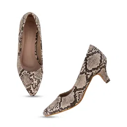 Mast & Harbour Cream Coloured Printed Pointed Toe Kitten Heeled Pumps image 2