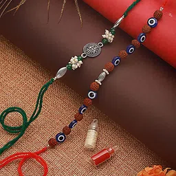 Jazz and Sizzle Set of 2 Rudraksh Evil Eye & Mahadev Rakhis With Roli & Chawal image 1
