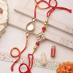 Jazz and Sizzle Set Of 2 Kundan Studed & Beaded Rakhis With Roli & Chawal image 2