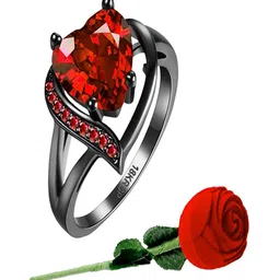 UNIVERSITY TRENDZ Silver-Plated Stone Studded Heart Charm Ring With Artificial Velvet Rose image 3