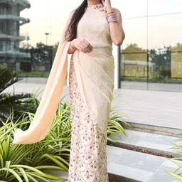 Libas Peach-Coloured Floral Sequinned Saree image 1