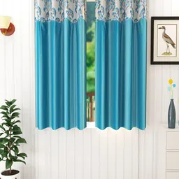 Homefab India Turquoise Blue & White Set of 2 Floral Window Curtains image 1