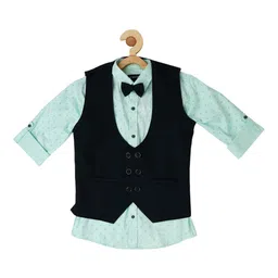CAVIO Boys Striped Nehru Jacket With Printed Shirt & Bow image 1