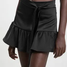 CALLIOPE Solid Satin Finish Tie-Up Mini Flared Skirt-image-0
