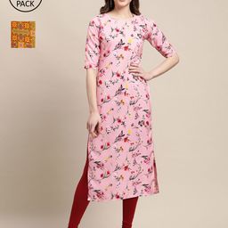 7threads KALINI Pack Of 2 Women Pink & Mustard Yellow Printed Crepe Straight Kurta-picture-29