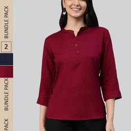 LYRA Maroon & Navy Blue Pack Of 2 Mandarin Collar Top-picture-16