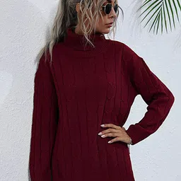 StyleCast Red Cable Knit Self Design Turtle Neck Pullover Sweater-picture-28