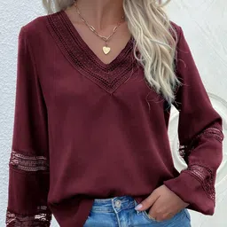 StyleCast Red Puffed Sleeves Lace Inserts Top-image-91