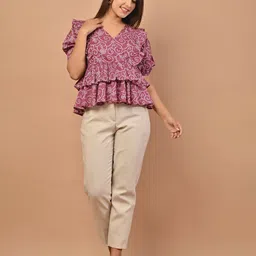 PUKHYA Ethnic Motifs Printed V-Neck Ruffles Tiered Top image 5