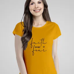 Pootlu Women Yellow Typography Printed Cotton T-shirt-image-49