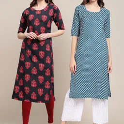 7threads KALINI Women Pack of 2 Black & Blue Ethnic Motifs Striped Crepe Kurta image 1