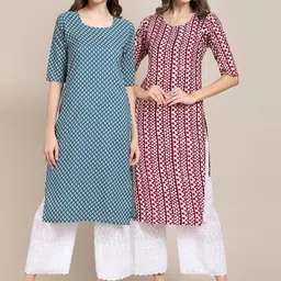 7threads KALINI Women Pack of 2 Geometric Printed Crepe Kurta image 1