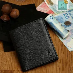 LOUIS STITCH Men Black Textured Leather RFID Two Fold Wallet-image-76